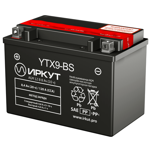 мото 12/8А ИРКУТ AGM (YTX9-BS) Аккумулятор сух/зар