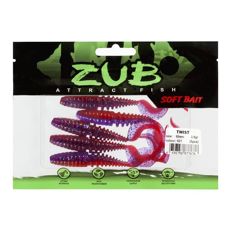 Приманка ZUB-TWIST 90мм-5шт,  (цвет 021) фиолетово-красный