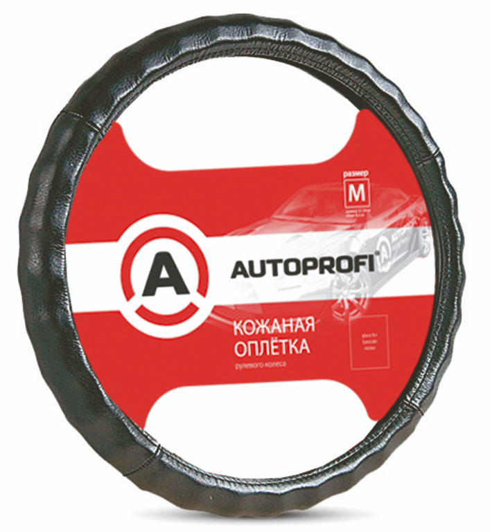 Оплетка руля АВТОПРОФИ (натуральная кожа,  ребристая) (M) черная AP-265 BK