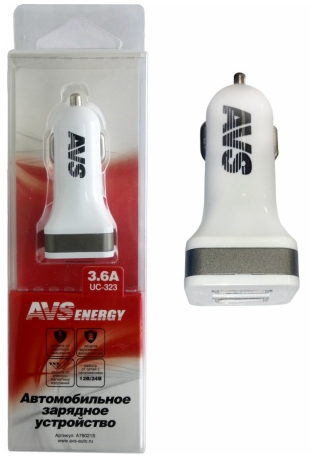 Автомобильное зарядное устройство AVS (2USB,  1.2А+2.4A) UC-323
