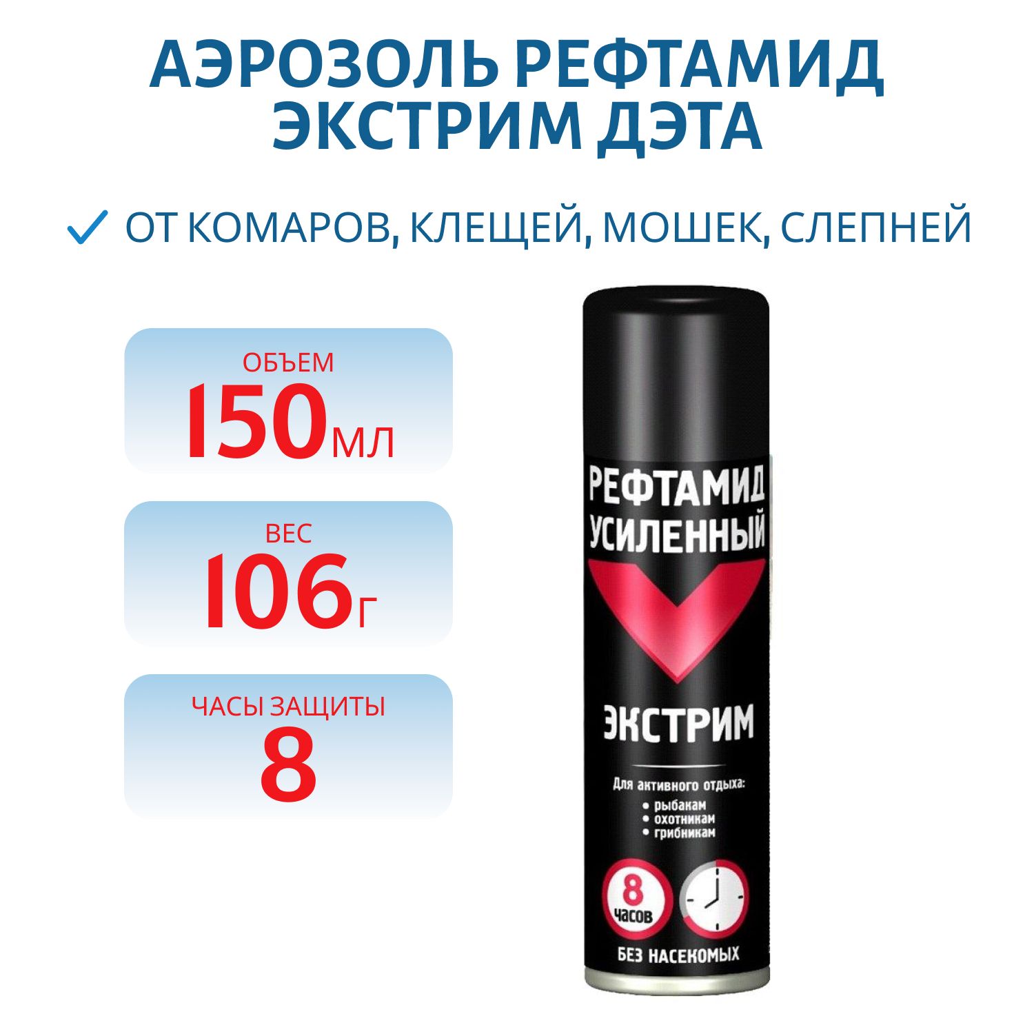 Аэрозоль Рефтамид Экстрим 150мл ДЭТА (усил.) от комаров, клещей.мошек, слепней (на кожу) 531950