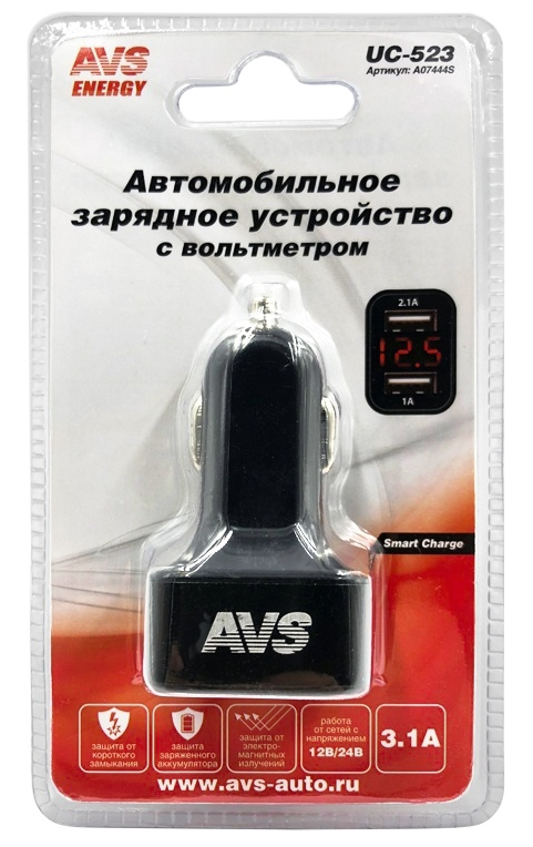 Автомобильное зарядное устройство AVS (2USB,  3А) с вольтметром UC-523