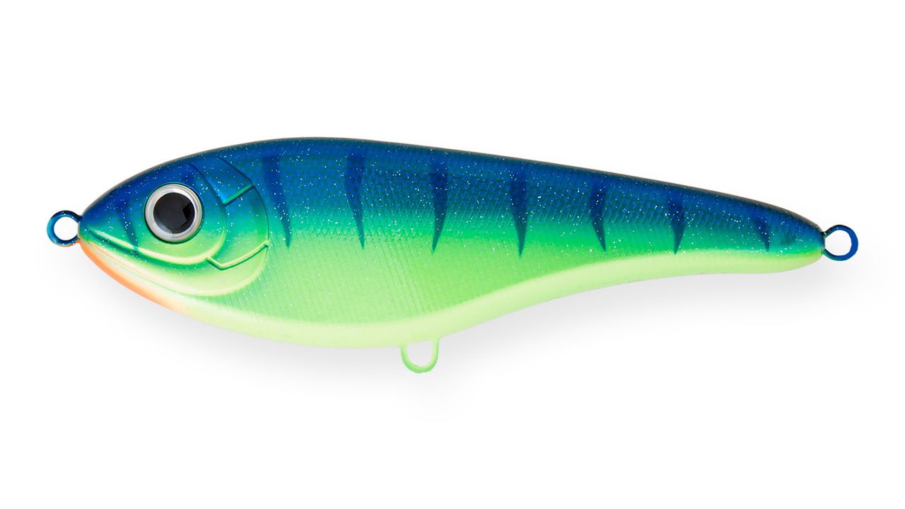 Воблер Джеркбейт Strike Pro Buster Jerk Sinking,  150 мм,  75 гр,  Загл. 0, 5м.-4, 0м.,  Тонущий,  цвет: C063F Blue-yellow Tiger Sparkles,  (EG-048#C063F)