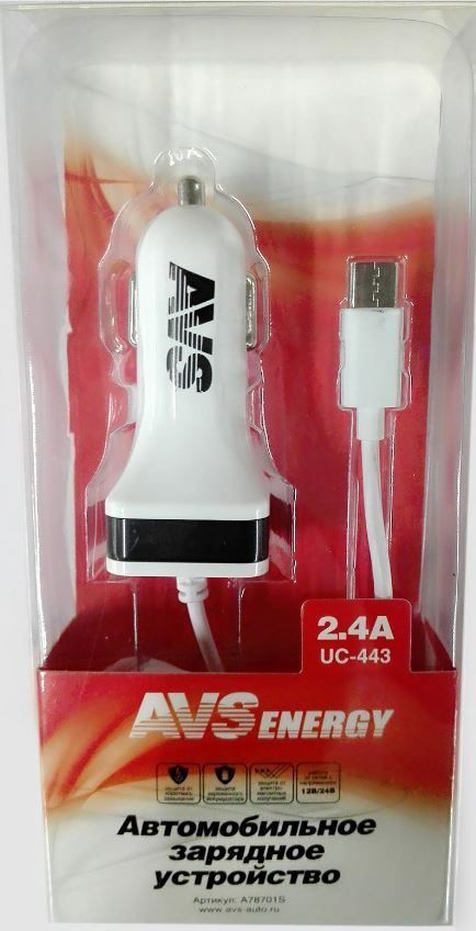 Автомобильное зарядное устройство AVS (1USB+Type C,  2.4А) UC-443