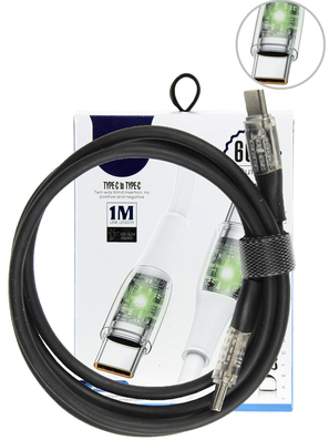 Кабель Type-C-Type-C (1м,  6А) (LED подсветка,  черный) Nova Bright (39715)