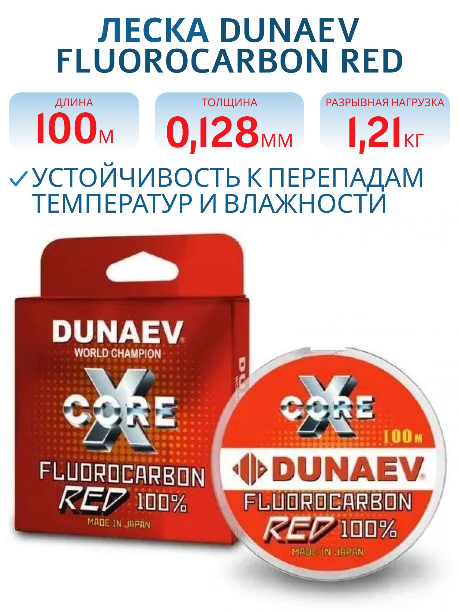 Леска Dunaev Fluorocarbon RED 0.128мм/1.21 кг. 100м 