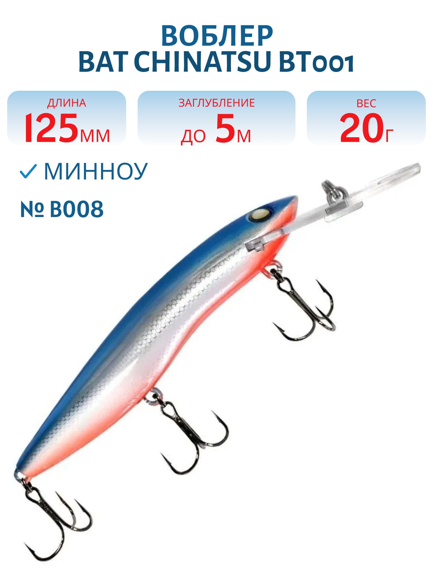 Воблер BAT CHINATSU BT001/BT006 (125 мм.,  20 гр. 5 м.) Цвет B008