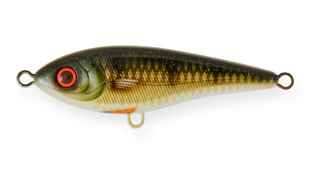 Воблер Джеркбейт Strike Pro Buster Jerk II Shallow Runner,  120 мм,  37 гр,  Загл. 0, 3м.-2, 0м.,  Медленно всплывающий,  цвет: C382F Golden Perch,  WOLF COLOR,  (EG-049#C382F)