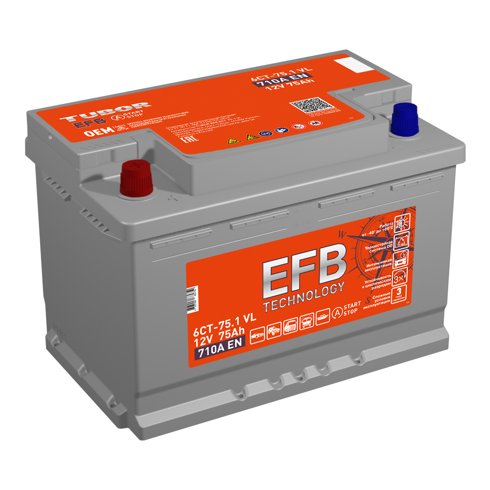 6СТ 75 TUBOR EFB Аккумулятор зал/зар