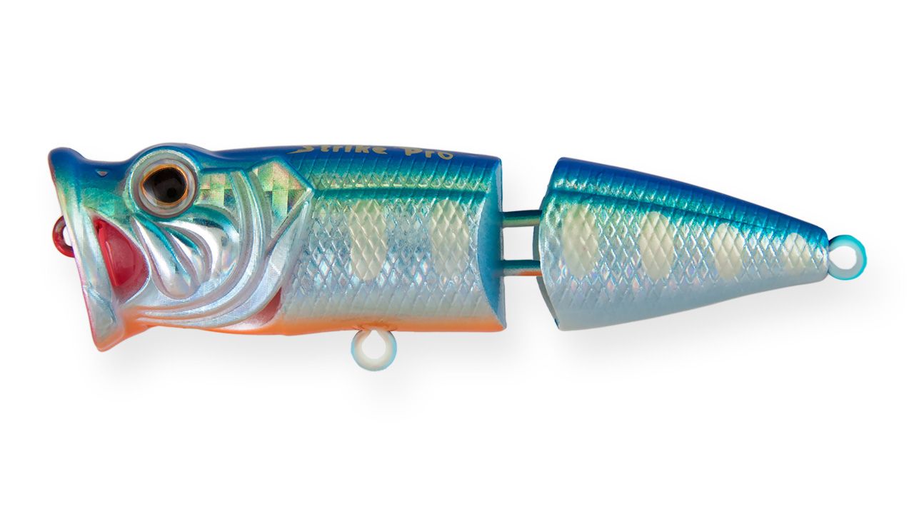 Воблер Поппер составной Strike Pro Pike Pop Joint 75,  75 мм,  11 гр,   Плавающий,  цвет: A150-713 UV Blue Silver OB,  (SH-002CJ#A150-713)