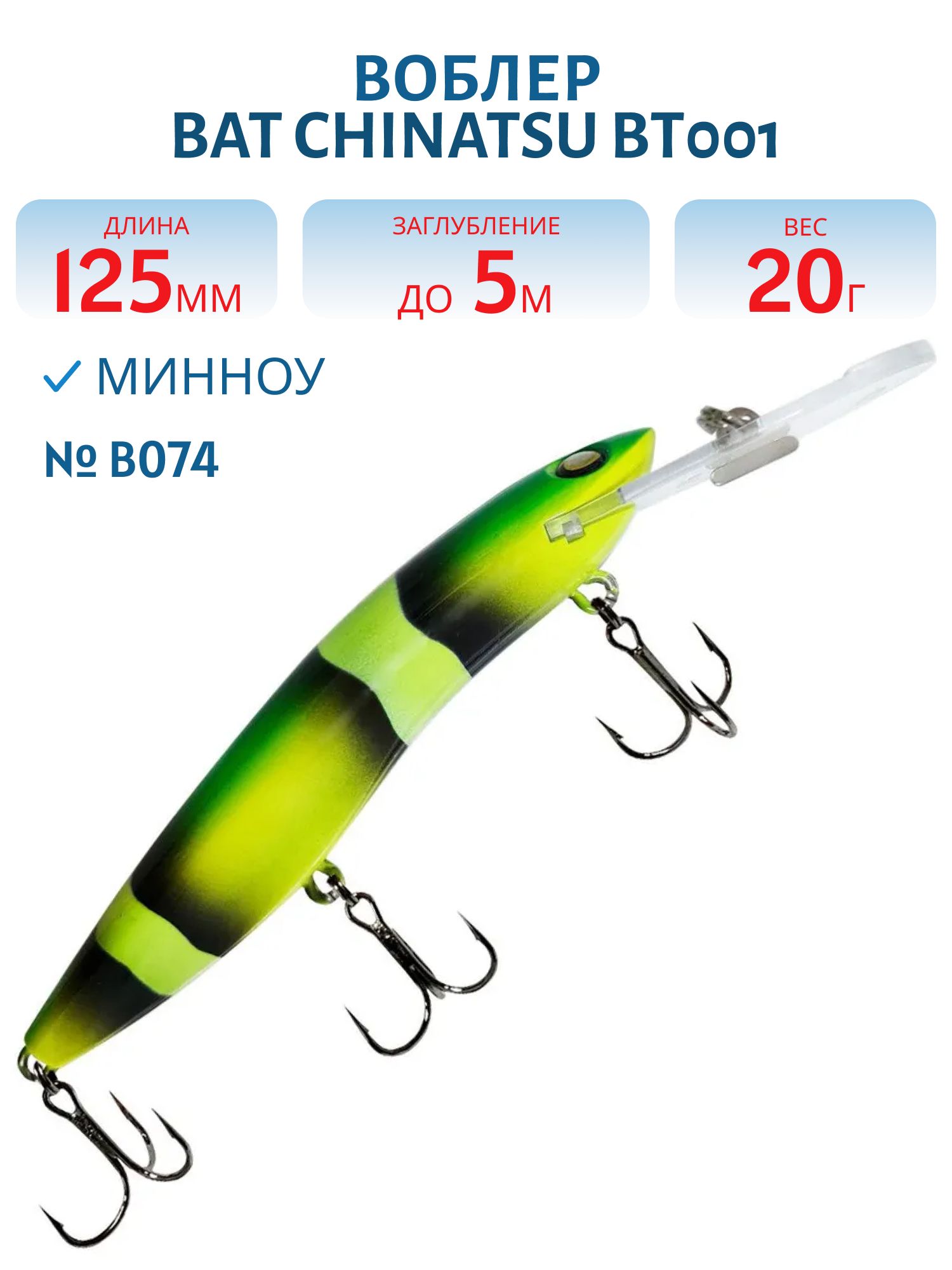 Воблер BAT CHINATSU BT001 (125 мм.,  20 гр. 5 м.) Цвет B074