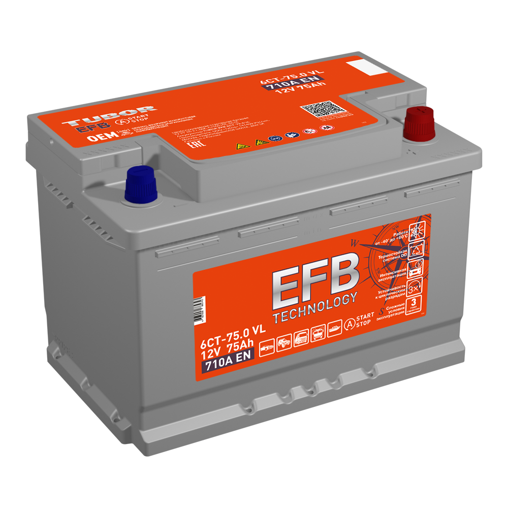 6СТ 75 TUBOR EFB ЕВРО Аккумулятор зал/зар
