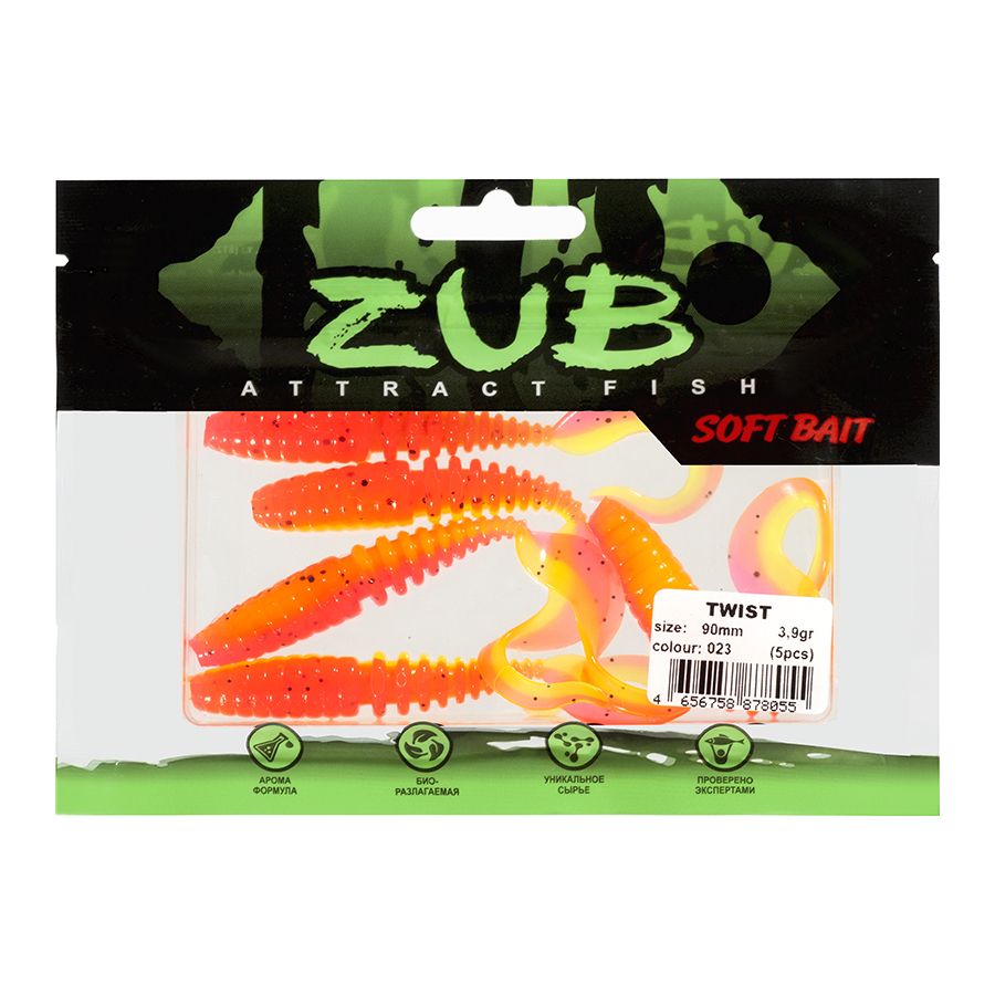 Приманка ZUB-TWIST 90мм-5шт,  (цвет 023) желто-розовый