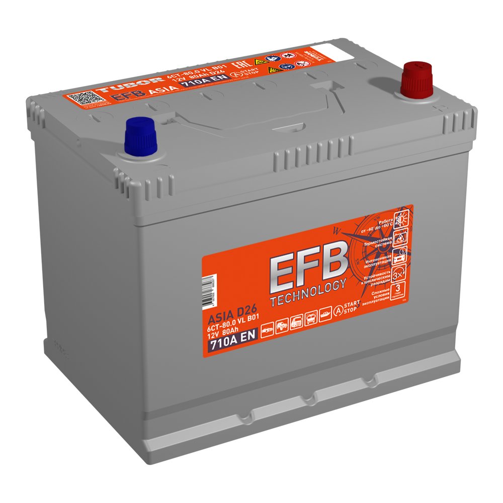 6СТ 80 TUBOR ASIA EFB ЕВРО Аккумулятор зал/зар