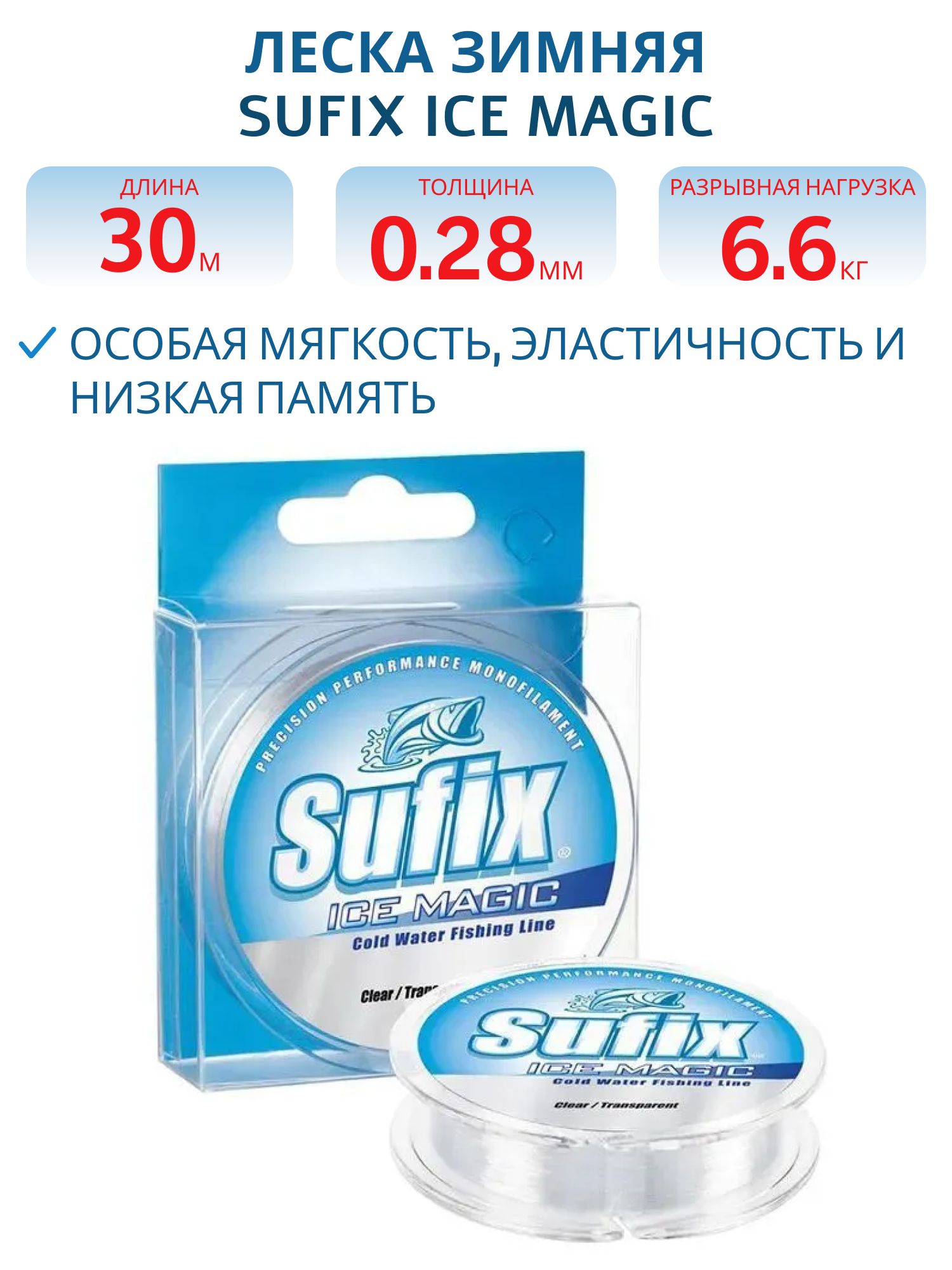 Леска зимняя Sufix Ice Magic прозрачная (блистер) 30м 0, 28мм 6, 6 кг. 