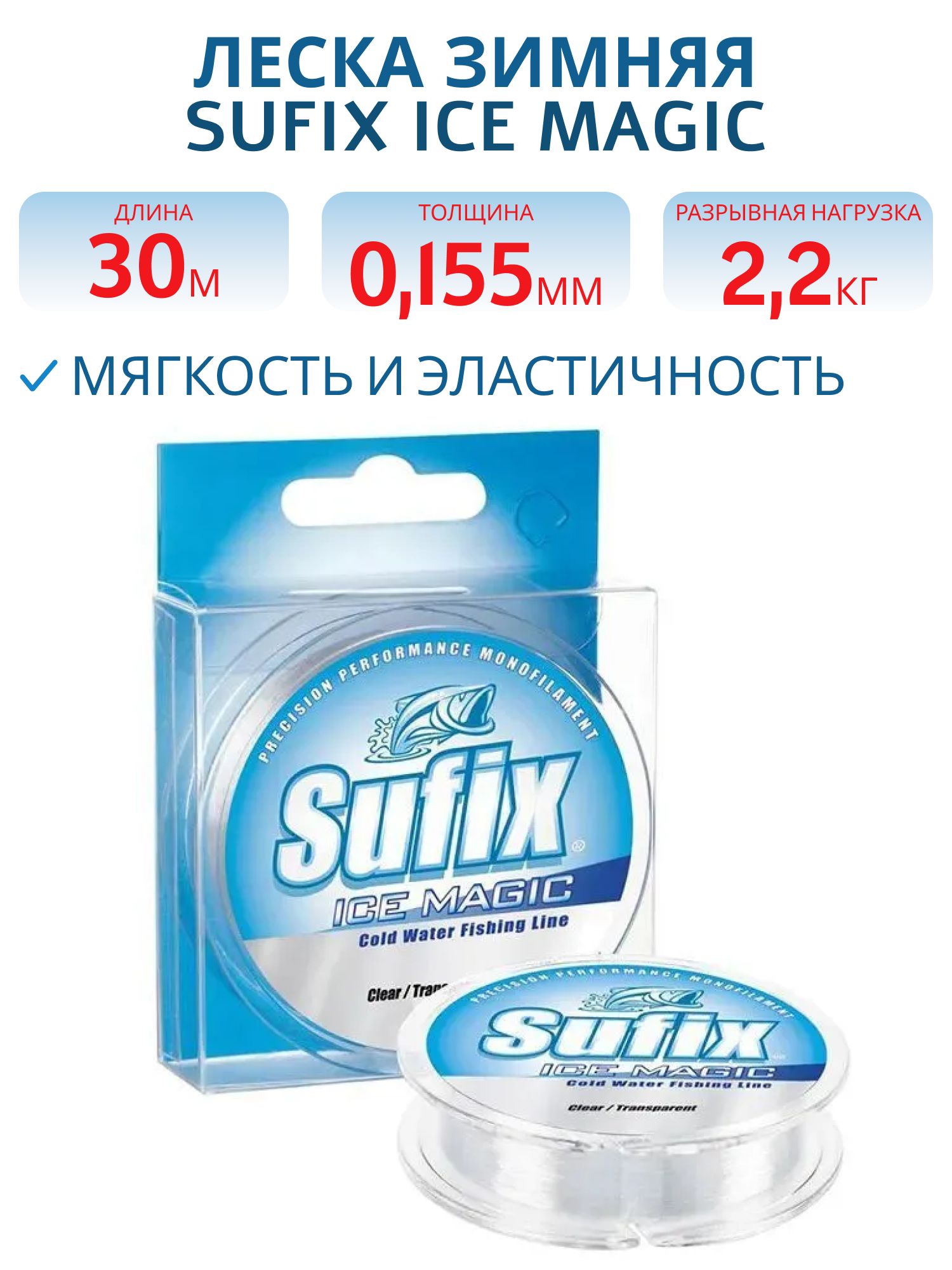 Леска зимняя Sufix Ice Magic прозрачная x12 30м 0.155мм 2, 2кг 